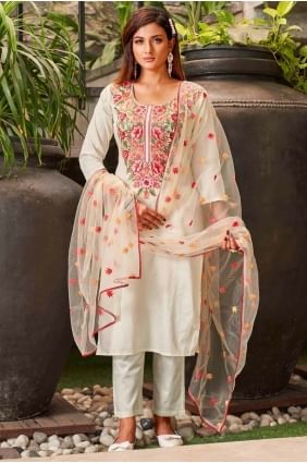 Salwar Kameez en viscose blanc cassé brodé SK155772