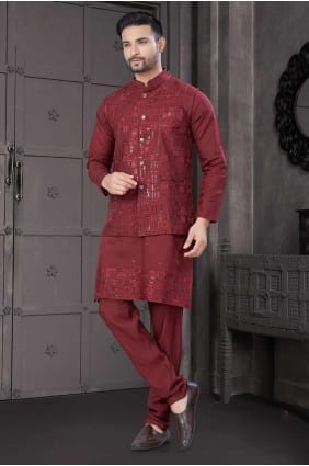 Viscose Hommes Kurta en Marron avec brodé KURR460