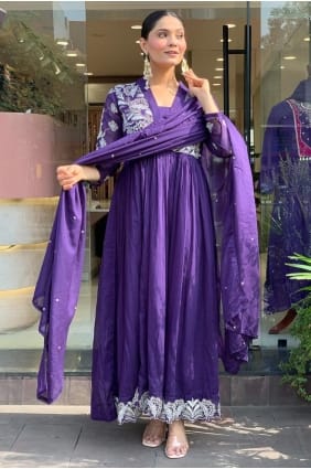 Ensemble Anarkali en soie brodée violette pour l'Aïd, avec dupatta AS4171