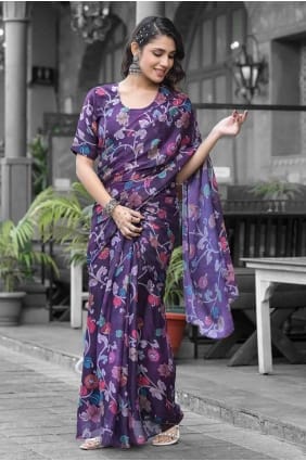 sari violet en georgette imprimée SR28326