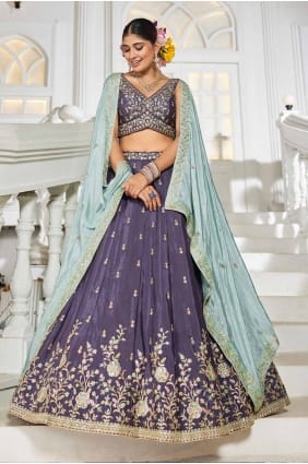 Lehenga choli violet en mousseline brodée LC8506