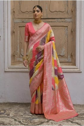 Sari multicolore en soie brute de Banaras tissé SR29242