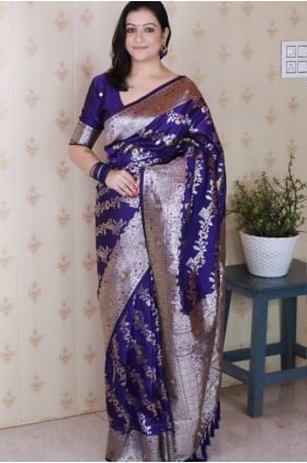 Saree bleu avec tissage de soie Banarasi SR28983