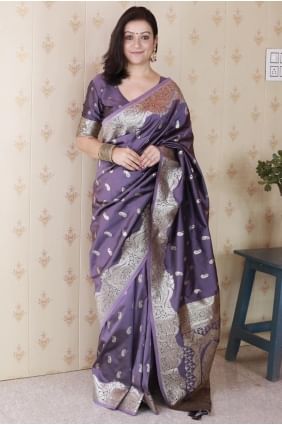 Sari en soie Banarasi grise avec chemisier assorti SR28966