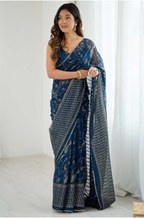 Sari en georgette bleu avec tissage SR28846