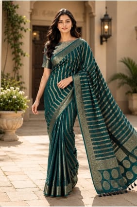Sari bleu turquoise en georgette tissée SR30229