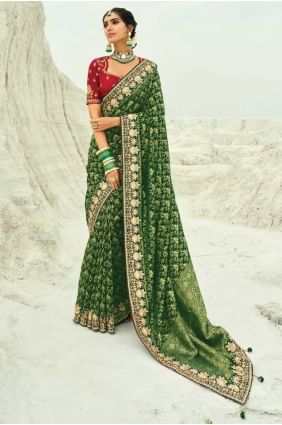Sari de mariage en georgette tissée verte SR28836