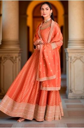 Robe en viscose tissée orange avec dupatta GW1150