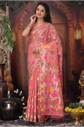 Sari en lin tissé rose SR28988