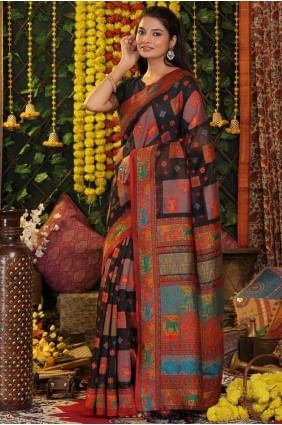 Sari en lin noir avec tissage SR28878