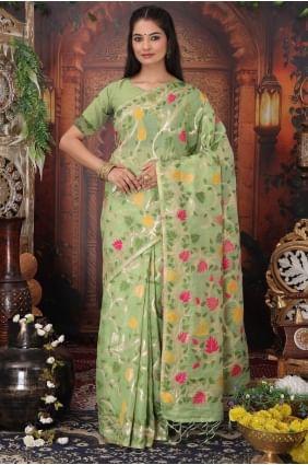 Sari en lin vert tissé SR28986
