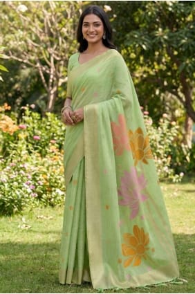 Sari vert en lin tissé SR29817