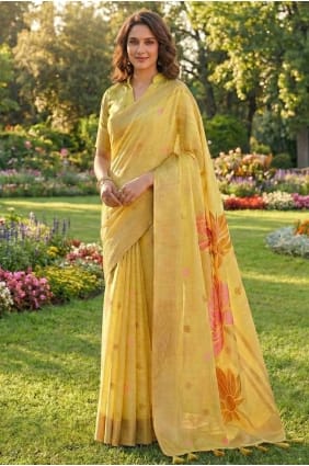 Sari en lin tissé jaune avec chemisier assorti SR29818