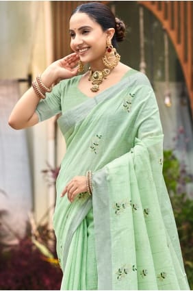 Sari en lin vert à motifs tissés SR29918