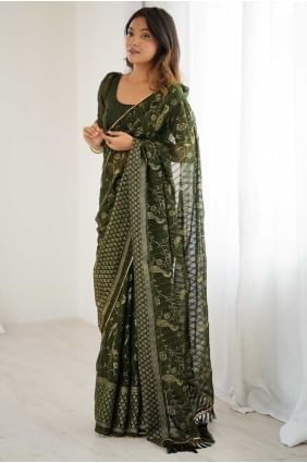 Sari Mehendi en tissage Georgette avec chemisier SR28845