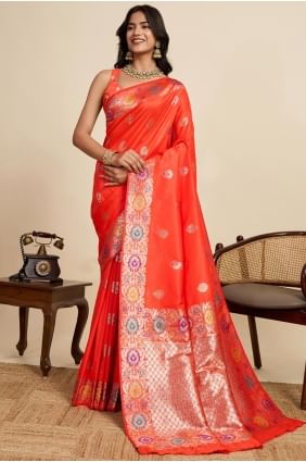 Sari en soie tissée orange SR28999
