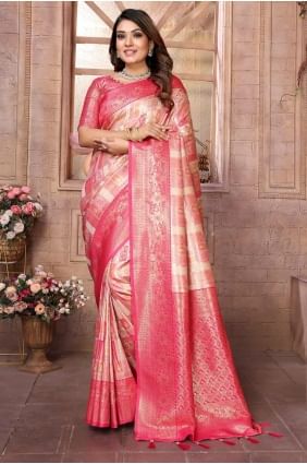 tissage de sari en soie banarasi pêche SR28356