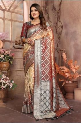 weaving sari in peach  silk SR28256