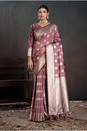 Sari rose en soie tissée SR29381