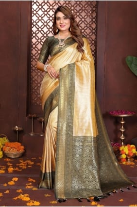 Sari jaune en soie Banarasi tissée SR29754
