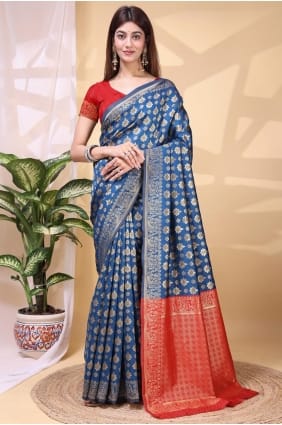 Sari en soie bleue tissée SR29442