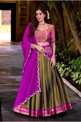 Lehenga Choli en soie vert olive en tissage LC8609