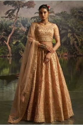 Lehenga choli pêche en tissage de soie avec dupatta LC8642