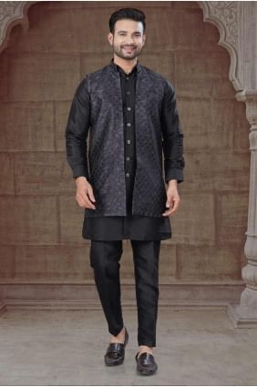 Tissage Soie Hommes Kurta en Noir KURR464