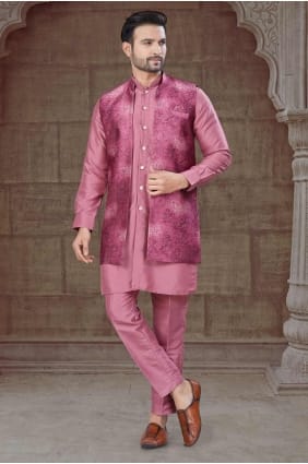 Kurta en soie tissée rose pour homme KURR465