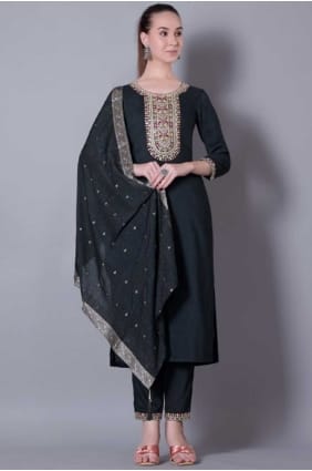 Salwar Kameez en soie vert foncé en tissage SK155746