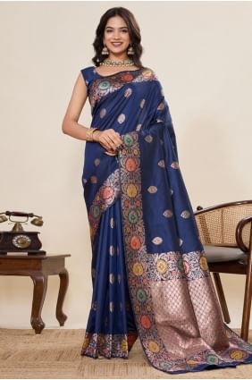 Sari bleu en soie tissée SR29002