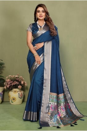 Sari en soie tissée bleue pour les fêtes SR29884