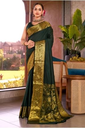 TISSAGE D’UN SARI EN SOIE VERT AVEC CHEMISIER SR28151