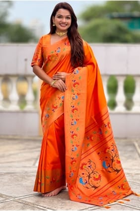 Sari orange en soie tissée SR29085