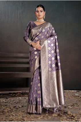 Sari violet tissé en soie SR29380