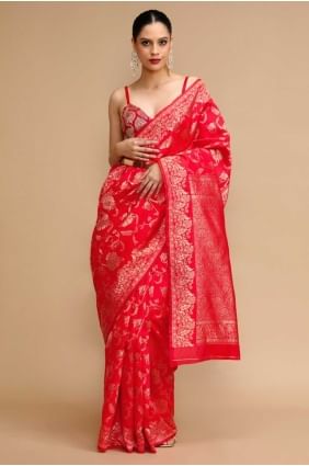 Sari en soie avec tissage en rouge SR28735