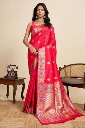 Sari en soie rouge tissé SR28995