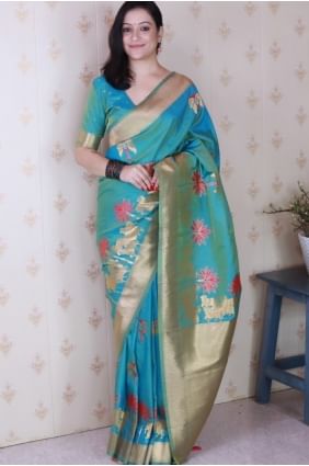 Sari en soie tissée bleu ciel SR28975