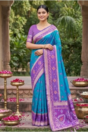 Sari en soie bleu sarcelle tissé SR29973