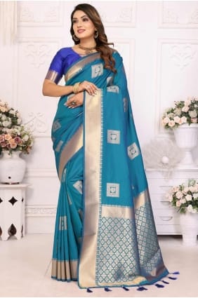 weaving soft net sari in firozi with blouse SR28263
