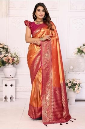 tissage de sari en soie tussar du sud de l'Inde en orange SR28214