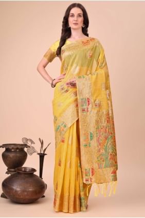 tissage d'un sari jaune en lin avec chemisier SR28455