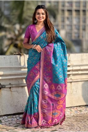Saris tissé en soie bleue SR28013