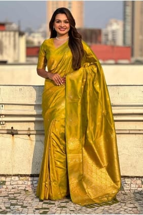 tissage d'un sari en soie olive avec chemisier SR28268