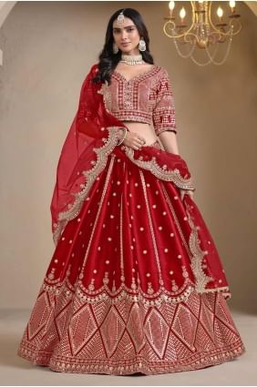 wedding lehenga choli in red art silk with embroidered LC8347