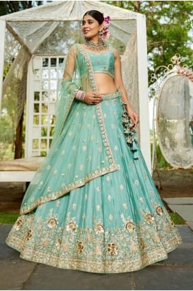 Lehenga choli de mariage en mousseline vert d'eau avec broderies LC8498
