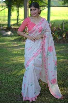 Sari en coton blanc tissé SR29678