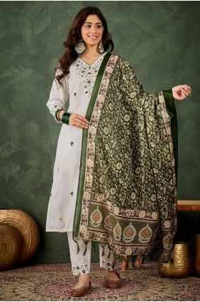 Salwar Kameez blanc en mélange de coton brodé SK155684