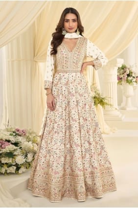 Robe longue en georgette blanche brodée GW1290