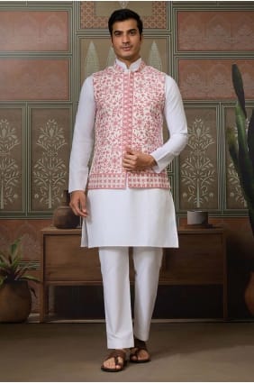 Kurta blanche pour homme en soie brodée KURR603
